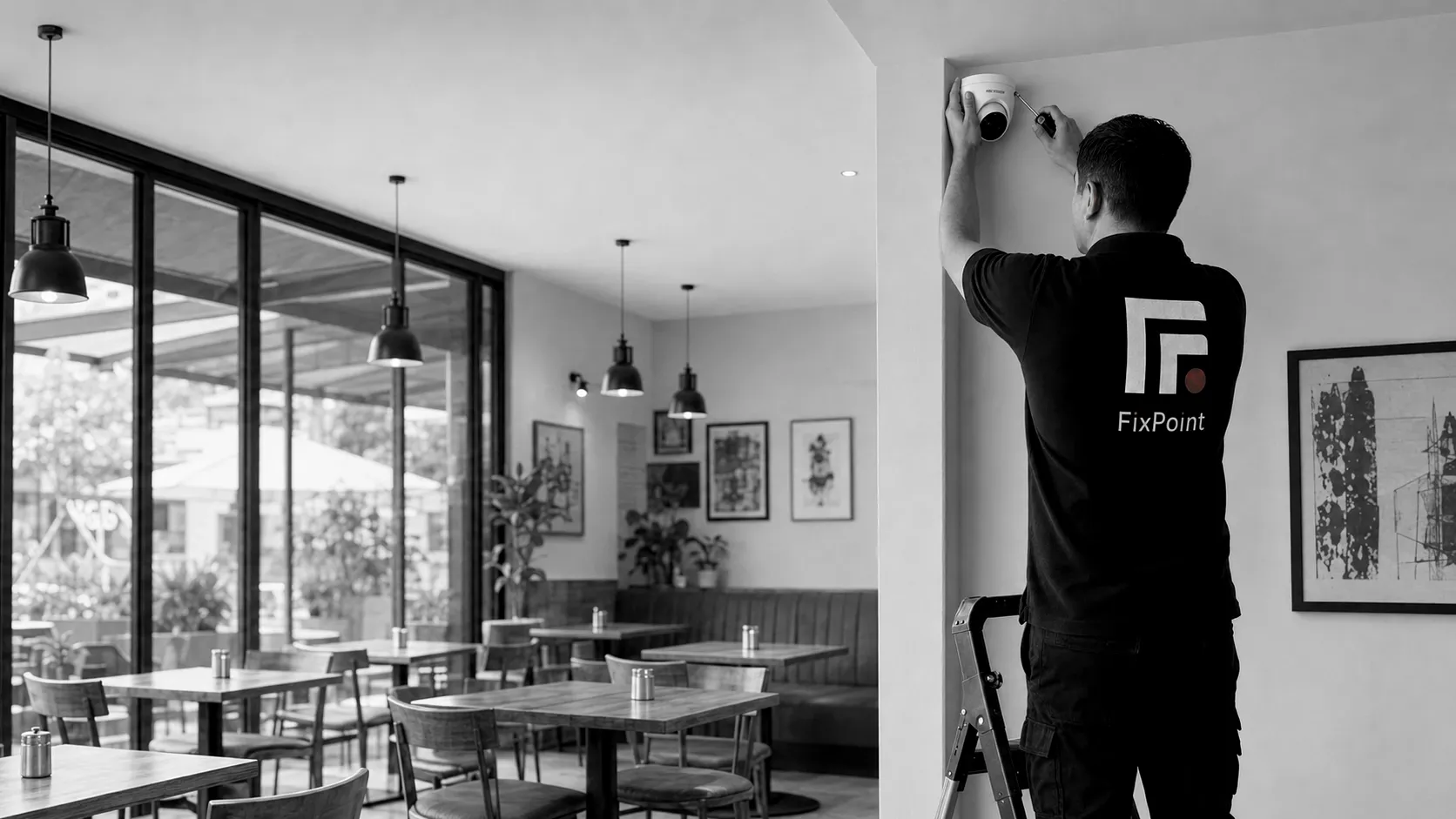 Técnico de FixPoint instalando una cámara de videovigilancia domo en el salón de un restaurante