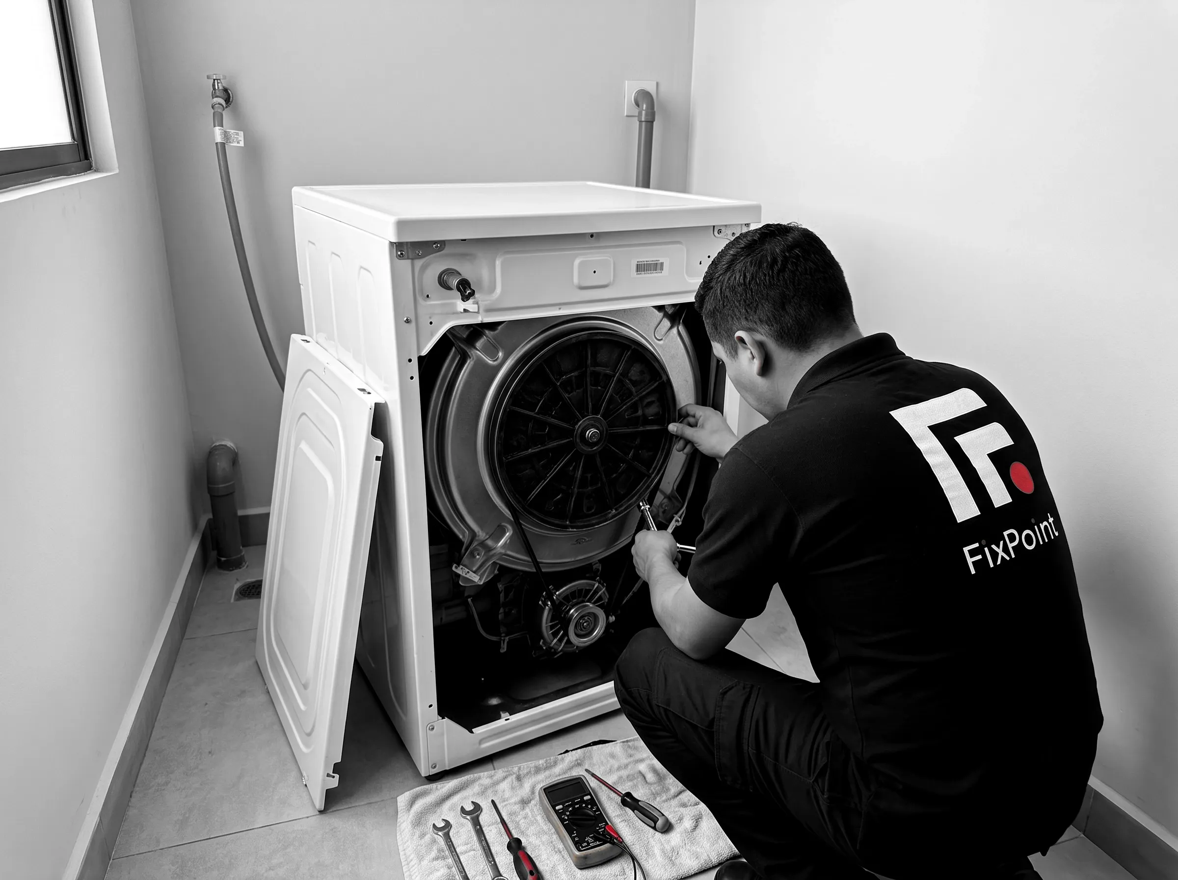 Técnico de FixPoint reparando un lavarropas de carga frontal a domicilio, con el tambor y la correa a la vista